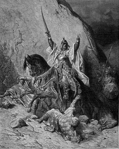 Saladin (1138-1193) (Salah al Din Yusuf al-Ayyubi (al Ayyubi) i spissen for troppene sine mot kryssene - gravering av Gustave Dore av Gustave Dore