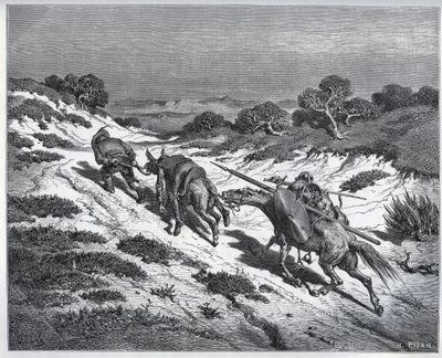 Sancho Panza, Don Quijote og deres fjell etter deres nederlag mot Yangers - fra "" Don Quixote de la Mancha"" av Miguel Cervantes (1547-1616) (Don Quixote) - Tresnitt etter tegning av Gustave Dore av Gustave Dore