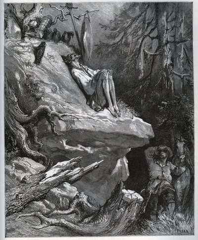 Sancho Panza finner sin herre, alltid i bot - fra "" Don Quixote de la Mancha"" av Miguel Cervantes (1547-1616) (Don Quixote) - Tresnitt etter tegning av Gustave Dore av Gustave Dore