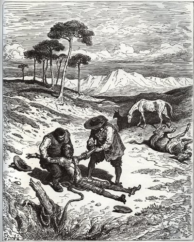 Sancho og kusinen trekker Don Quijote (sovende) ut av Montesinos