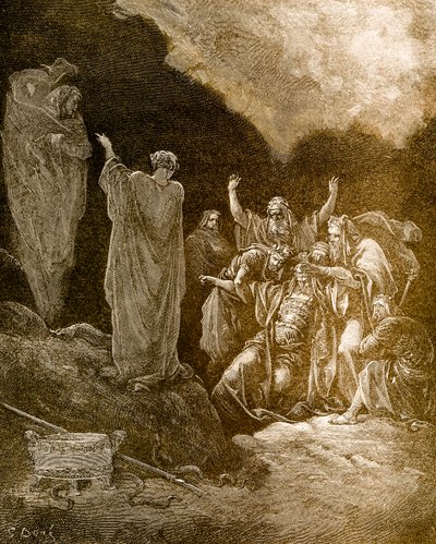 Saul og mediet/heksen fra Endor, av Doré. - Bibelen av Gustave Dore