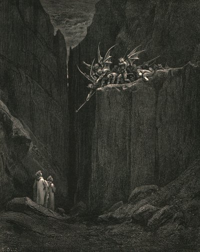 Knapt hadde føttene nådd til den laveste av sengen under, ca 1890. av Gustave Dore