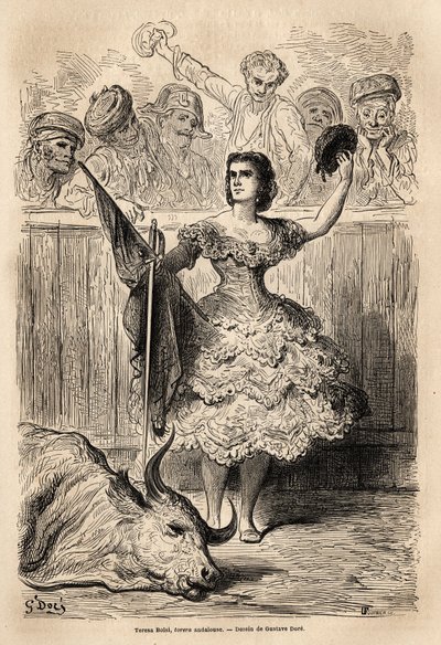 Tyrefektingsscene: triumfen til Teresa Bolsi, andalusisk torrera, som hilser forsamlingen som hyller ham i Sevilla. Skisse tatt live av Gustave Dore (1832-1883). Gravering for å illustrere reisen i Spania, i 1862 av Charles Davillier og G av Gustave Dore