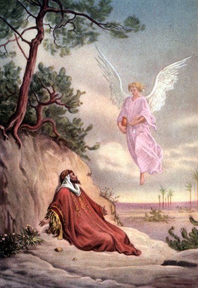 Sett med bibelske pedagogiske postkort fra 50-tallet, laget etter kunst: her etter quot;Elia reddet av en engelquot; av Gustave Dore av Gustave Dore