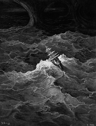 Skip i stormfullt hav, scene fra «The Rime of the Ancient Mariner» av S.T. Coleridge, av S.T. Coleridge, utgitt av Harper und Brothers, New York, 1876 (tregravering) av Gustave Dore