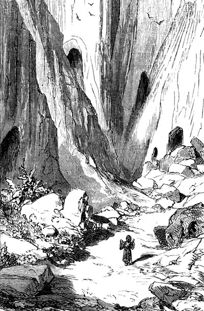 Sindbad sjømannen (Sinbad) - eventyret om tusen og én (1001) natt - illustrasjon av Gustave Dore - utgave Maxwell 1865 - Andre reise: Sindbad oppdager en dal med diamanter, men som dessverre er okkupert av gigantiske slanger. Han vil ta avstand av Gustave Dore