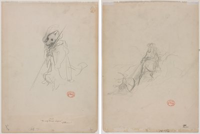 Skisse for "The Wolf Turned Shepherd" (recto) Skisse av jaktscene (verso) av Gustave Dore