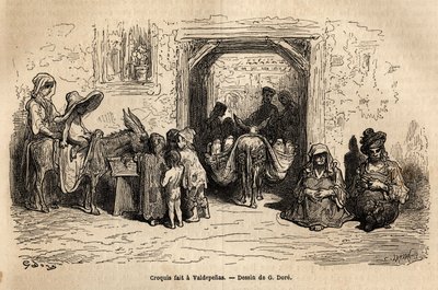 Skisse tatt på live: tiggere i Valpadenas (Channel). Gravering for å illustrere reisen til Spania av Gustave Dore (1832-1883) illustratør og baron Ch. Davillier-reaktor, i 1862, publisert i "Le tour du monde, nouveau journal des voyages", under av Gustave Dore