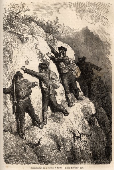 Smuglere fra Serrania de Ronda. Tegning av Gustave Dore (1832-1883), for å illustrere hans reise til Spania i 1862, med Ch. Davillier. Gravering i "" Le tour du monde"", redigert av Edouard Charton av Gustave Dore
