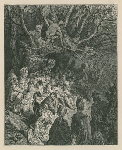 Tilskuere som ser på et båtkappløp fra en elvebredd av Gustave Dore
