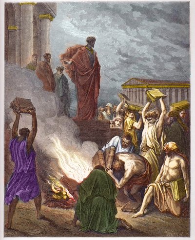 St Paul at Ephesus - Saint Paul a Ephese - The Prediction of Saint Paul a Ephese. Jews who were engaged in exorcism burn the books - - engraving in “The Bible illustree” by Gustave Dore (1832-1883) - Engraving from “” The Dore Bible”” av Gustave Dore