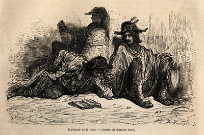 Studenter av tunfisk (eller tunantes) i distriktet ved Universitetet i Alcala de Henares, det særegne til disse studentene som har adoptert ledig, fri og vandrende liv er ikke å studere, skisser på live av Gustave Dore. Gravering for å illustrere reisen av Gustave Dore
