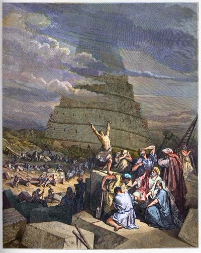 TOWER OF BABEL - The Tower of Babel illustrasjon av Genesis og språkforvirring av Yahve. Til høyre diskuterer kong Nimrud (eller Nimrod, Nemrod) med arkitektene - gravering i "The Bible illustree" av Gustave Dore (1832-1883) - Gravering fra "" Th av Gustave Dore
