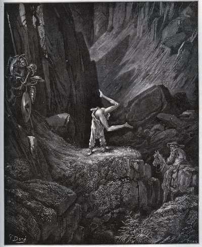 The Acrobatic Penitence of Don Quixote in Sierra Morena - fra "" Don Quixote de la Mancha"" av Miguel Cervantes (1547-1616) (Don Quixote) - Tresnitt etter tegning av Gustave Dore av Gustave Dore