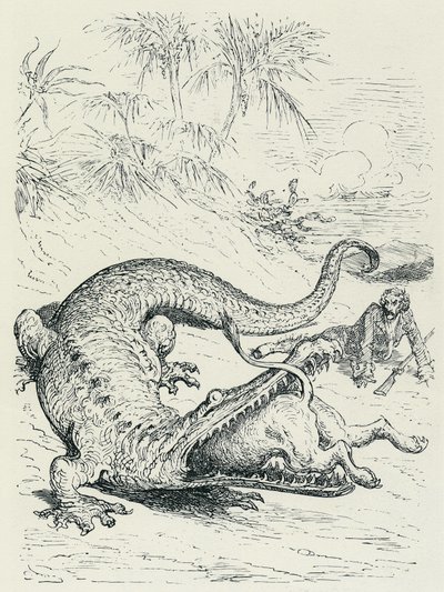 «Baronen av Münchausens eventyr» (Munchhausen): Den fryktløse baronen av Münchausens forfulgte vei krysser veien til en enorm krokodille som vil sluke løven. Illustrasjon av Gustave Doré Slutten av 1800-tallet. av Gustave Dore