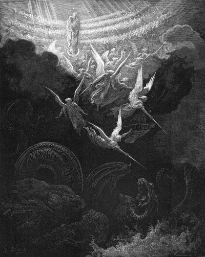 Erkeengelen Michael og englene hans kjempet mot dragen, 1865-1866 av Gustave Dore