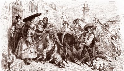 The Battered Quijote kommer hjem Gravering av Gustave Dore (1832-1883) for "L'Ingenieux Hidalgo Don Quixote de la Manche (Quixotte - Quijote)" av Miguel de Cervantes (1547-1616) 1863 Privat samling av Gustave Dore