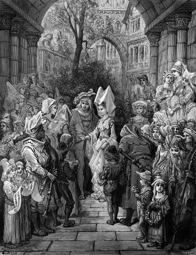 Bruden og brudgommen kommer inn i hallen, scene fra 'The Rime of the Ancient Mariner' av ST Coleridge, utgitt av Harper und Brothers, New York, 1876 (tregravering) av Gustave Dore