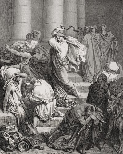 Kjøperne og selgerne drevet ut av templet, Lukas 19:45-46, illustrasjon fra Dores 