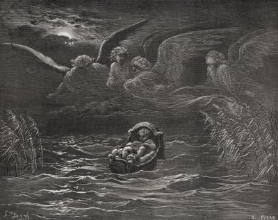 The Child Moses on the Nile, 2. Mosebok 2:1-4, illustrasjon fra Dores 