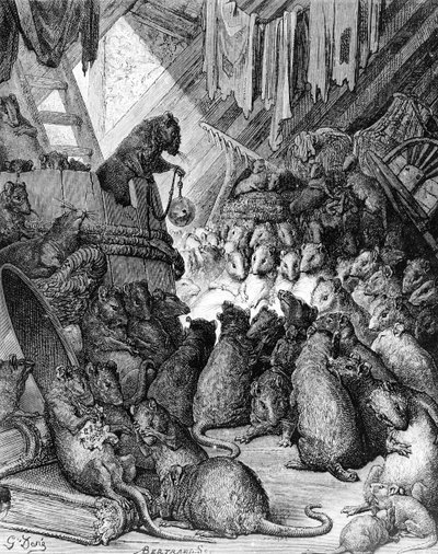 Rådet holdt av rottene, fra fabler i La Fontaine, gravert av Antoine Valerie Bertrand (f.1823) ca. 1868 av Gustave Dore