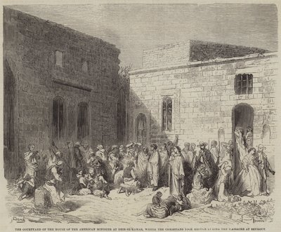 Gårdsplassen til den amerikanske ministerens hus i Deir-el-Qamar, hvor de kristne tok ? av Gustave Dore