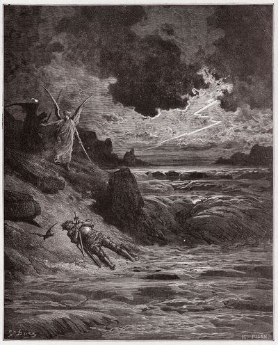 The Divine Comedy (La Divina Comedia, La Divine Comedie), Purgatorio, Canto 5: The body of Buonconte da Montefeltro in the Arno - av Dante Alighieri (1265-1321) - Illustrasjon av Gustave Dore (1832-1883) av Gustave Dore
