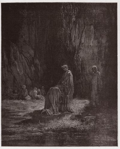 Den guddommelige komedie (La Divina Comedia, La Divine Comedie), Purgatorio, Canto 7: Poeten Sordello, forbløffet, kneler foran Vergil - av Dante Alighieri (1265-1321) - Illustrasjon av Gustave Dore (1832-1883) av Gustave Dore