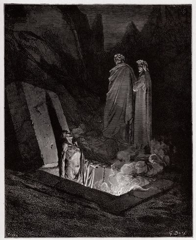 Den guddommelige komedie (La Divina Commedia, La Divine Comedie), Inferno, Canto 10: Farinata degli Uberti henvender seg til Dante - av Dante Alighieri (1265-1321) - Illustrasjon av Gustave Dore (1832-1883) av Gustave Dore