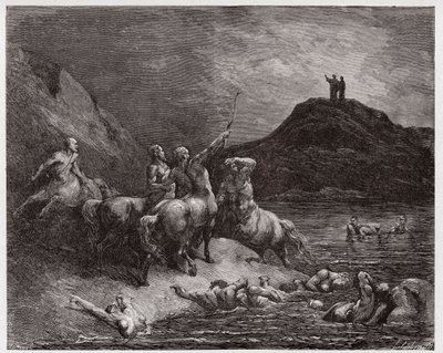 The Divine Comedy (La Divina Commedia, La Divine Comedie), Inferno, Canto 12: Nessus and the centaurs - av Dante Alighieri (1265-1321) - Illustrasjon av Gustave Dore (1832-1883) av Gustave Dore
