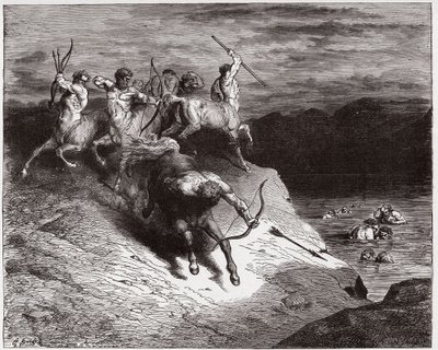 The Divine Comedy (La Divina Commedia, La Divine Comedie), Inferno, Canto 12: Kentaurene angriper sjelene i kokende blod - av Dante Alighieri (1265-1321) - Illustrasjon av Gustave Dore (1832-1883) av Gustave Dore