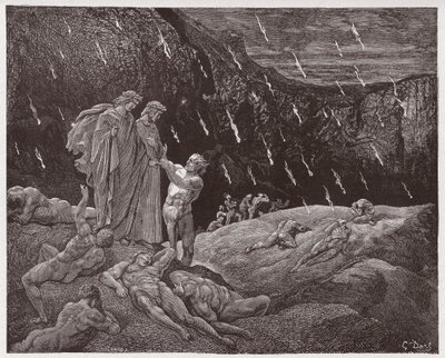 The Divine Comedy (La Divina Commedia, La Divine Comedie), Inferno, Canto 15: Brunetto Latini accosts Dante - av Dante Alighieri (1265-1321) - Illustrasjon av Gustave Dore (1832-1883) av Gustave Dore
