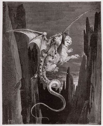 Den guddommelige komedie (La Divina Commedia, La Divine Comedie), Inferno, Canto 17: Nedstigningen til avgrunnen på Geryons rygg - av Dante Alighieri (1265-1321) - Illustrasjon av Gustave Dore (1832-1883) av Gustave Dore