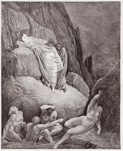 The Divine Comedy (La Divina Commedia, La Divine Comedie), Inferno, Canto 18: Virgil viser Dante the shade of Thai - av Dante Alighieri (1265-1321) - Illustrasjon av Gustave Dore (1832-1883) av Gustave Dore