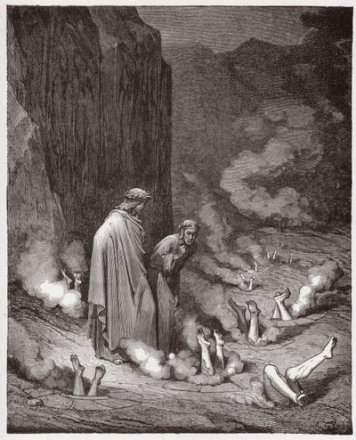The Divine Comedy (La Divina Commedia, La Divine Comedie), Inferno, Canto 19: Dante irettesetter pave Nicholas III i den fjerde bolgia - av Dante Alighieri (1265-1321) - Illustrasjon av Gustave Dore (1832-1883) av Gustave Dore