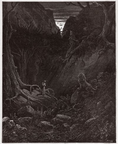 The Divine Comedy (La Divina Commedia, La Divine Comedie), Inferno, Canto 1: Løven konfronterer plutselig Dante - av Dante Alighieri (1265-1321) - Illustrasjon av Gustave Dore (1832-1883) av Gustave Dore