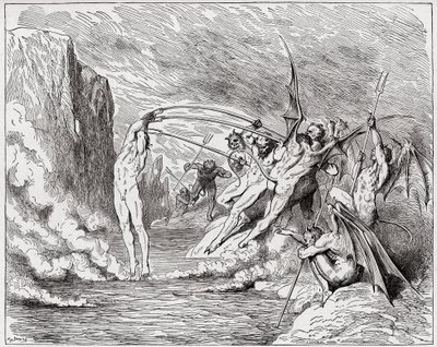 The Divine Comedy (La Divina Commedia, La Divine Comedie), Inferno, Canto 21: Devils torment the barrators - av Dante Alighieri (1265-1321) - Illustrasjon av Gustave Dore (1832-1883) av Gustave Dore