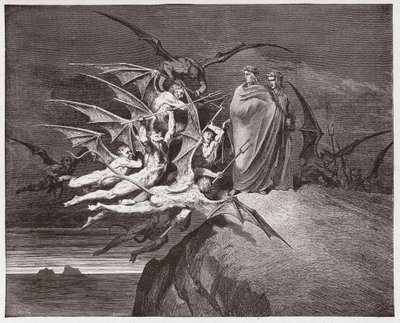 Den guddommelige komedie (La Divina Commedia, La Divine Comedie), Inferno, Canto 21: Demonene truer Virgil - av Dante Alighieri (1265-1321) - Illustrasjon av Gustave Dore (1832-1883) av Gustave Dore
