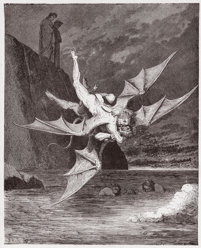 The Divine Comedy (La Divina Commedia, La Divine Comedie), Inferno, Canto 22: Alichino og Calcabrina svir over banen - av Dante Alighieri (1265-1321) - Illustrasjon av Gustave Dore (1832-1883) av Gustave Dore