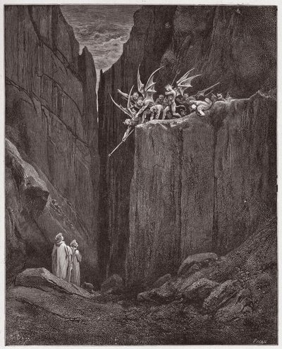 The Divine Comedy (La Divina Commedia, La Divine Comedie), Inferno, Canto 23: Poetene unnslipper demonene i den femte bolgia - av Dante Alighieri (1265-1321) - Illustrasjon av Gustave Dore (1832-1883) av Gustave Dore