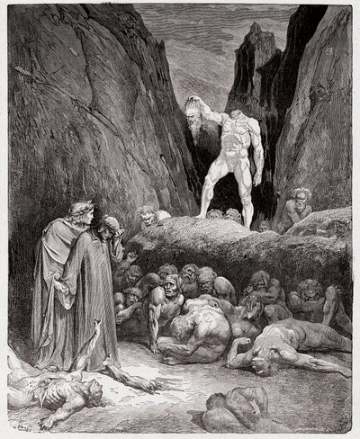 The Divine Comedy (La Divina Commedia, La Divine Comedie), Inferno, Canto 28: Det avhuggede hodet til Bertrand de Born snakker til Dante - av Dante Alighieri (1265-1321) - Illustrasjon av Gustave Dore (1832-1883) av Gustave Dore