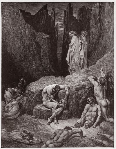 The Divine Comedy (La Divina Commedia, La Divine Comedie), Inferno, Canto 29: Virgil irettesetter Dantes nysgjerrighet - av Dante Alighieri (1265-1321) - Illustrasjon av Gustave Dore (1832-1883) av Gustave Dore