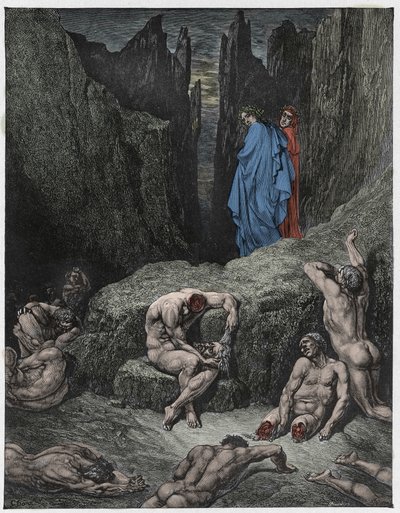 The Divine Comedy (La Divina Commedia, La Divine Comedie), Inferno, Canto 29: Virgil irettesetter Dantes nysgjerrighet - av Dante Alighieri (1265-1321) - Illustrasjon av Gustave Dore (1832-1883) av Gustave Dore