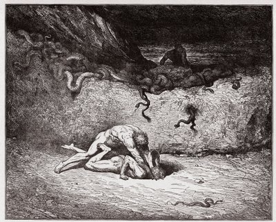 The Divine Comedy (La Divina Commedia, La Divine Comedie), Inferno, Canto 30: The torment of the forgers in the niende bolgia (Gianni Schicchi) - av Dante Alighieri (1265-1321) - Illustrasjon av Gustave Dore (1832-1883) av Gustave Dore