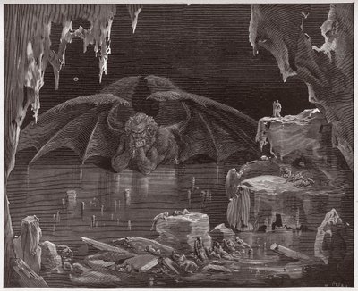 The Divine Comedy (La Divina Commedia, La Divine Comedie), Inferno, Canto 34: Lucifer, konge av helvete, frosset i isen - av Dante Alighieri (1265-1321) - Illustrasjon av Gustave Dore (1832-1883) av Gustave Dore