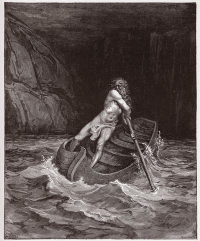 The Divine Comedy (La Divina Commedia, La Divine Comedie), Inferno, Canto 3: Charon (Caron) on the River Acheron - av Dante Alighieri (1265-1321) - Illustrasjon av Gustave Dore (1832-1883) av Gustave Dore