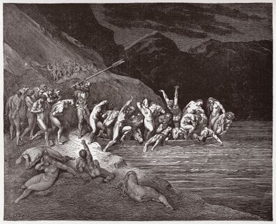 The Divine Comedy (La Divina Commedia, La Divine Comedie), Inferno, Canto 3: De dødsdømte sjelene tar fatt på å krysse Acheron - av Dante Alighieri (1265-1321) - Illustrasjon av Gustave Dore (1832-1883) av Gustave Dore