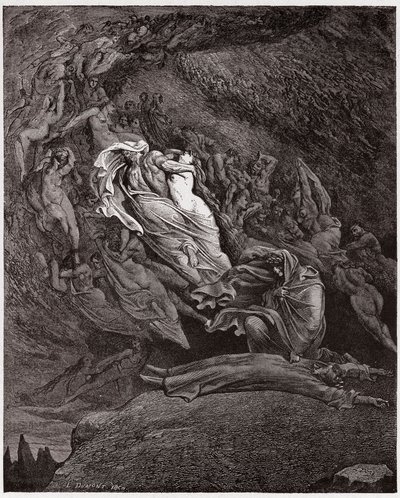 The Divine Comedy (La Divina Commedia, La Divine Comedie), Inferno, Canto 5: Francesca beskriver hennes død - av Dante Alighieri (1265-1321) - Illustrasjon av Gustave Dore (1832-1883) av Gustave Dore