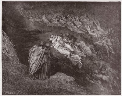 The Divine Comedy (La Divina Commedia, La Divine Comedie), Inferno, Canto 5: The soul of Francesca speaks to Dante - av Dante Alighieri (1265-1321) - Illustrasjon av Gustave Dore (1832-1883) av Gustave Dore