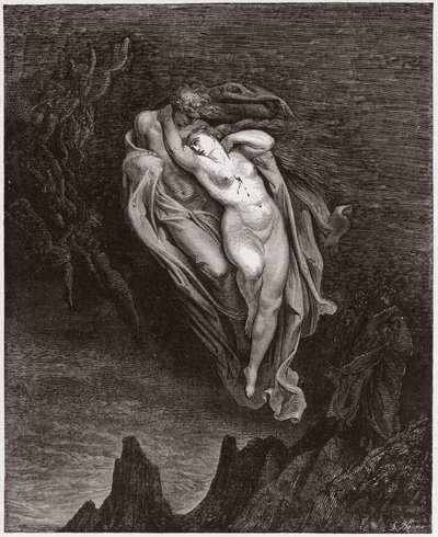 The Divine Comedy (La Divina Commedia, La Divine Comedie), Inferno, Canto 5: The souls of Paolo and Francesca - av Dante Alighieri (1265-1321) - Illustrasjon av Gustave Dore (1832-1883) av Gustave Dore